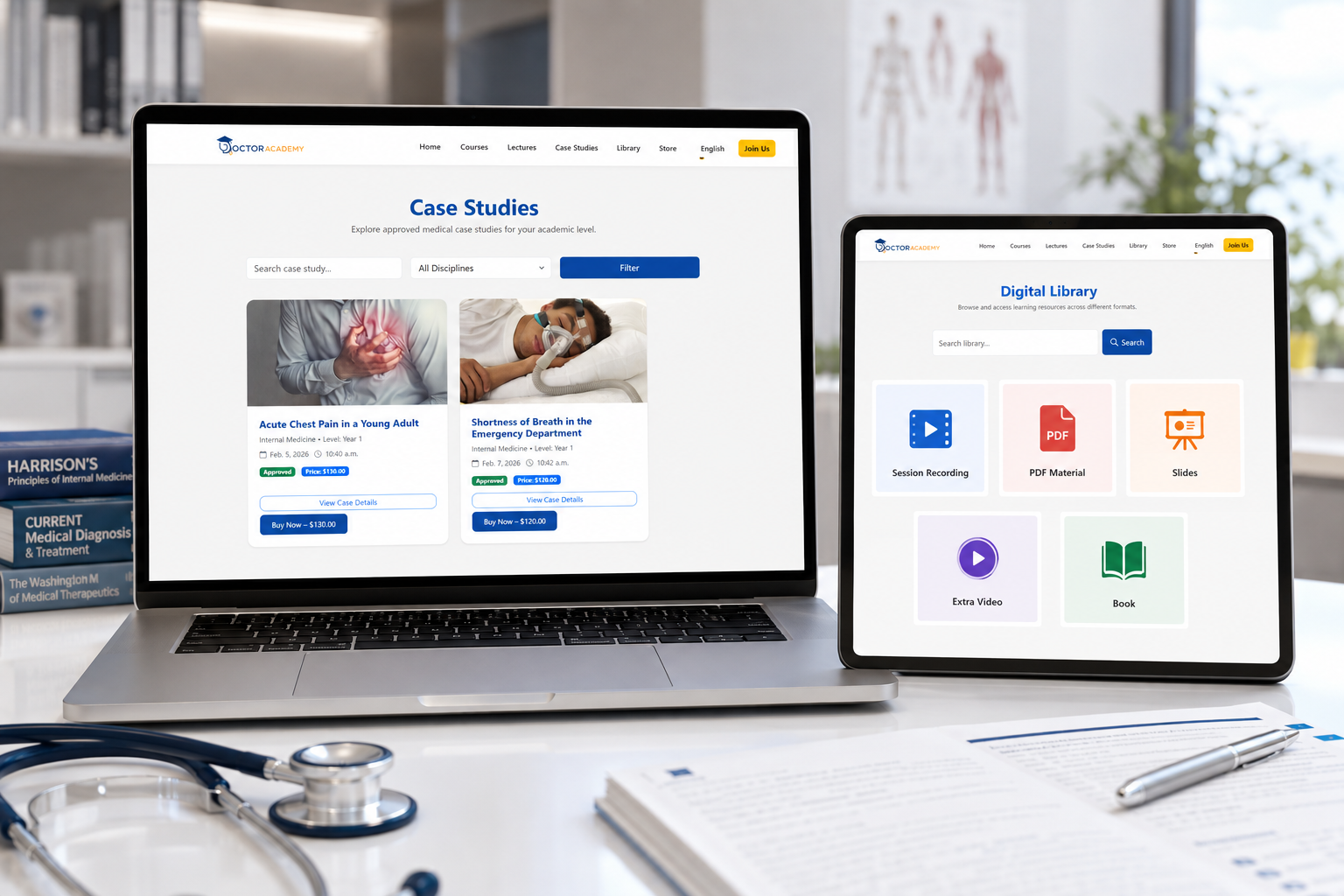 Structured clinical case studies and a multi-format digital library for medical learners.
