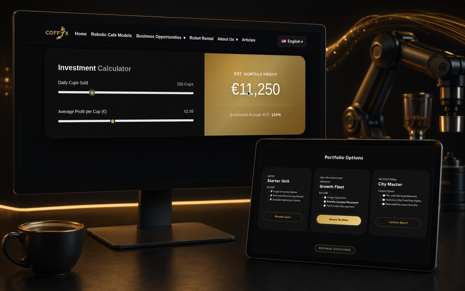 Interactive investment experience featuring ROI calculations and structured portfolio options.